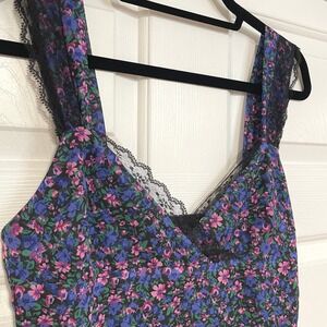 NEW Ditsy Floral Mini Slip Dress Lace‎ Trim Size M Bodycon Short Black Blue Pink